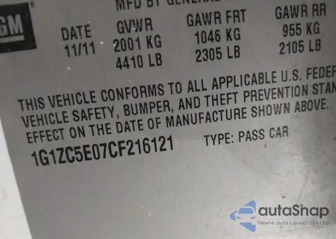 2012 Chevrolet Malibu 1Lt z USA, uszkodzony, nr VIN 1G1ZC5E07CF216121